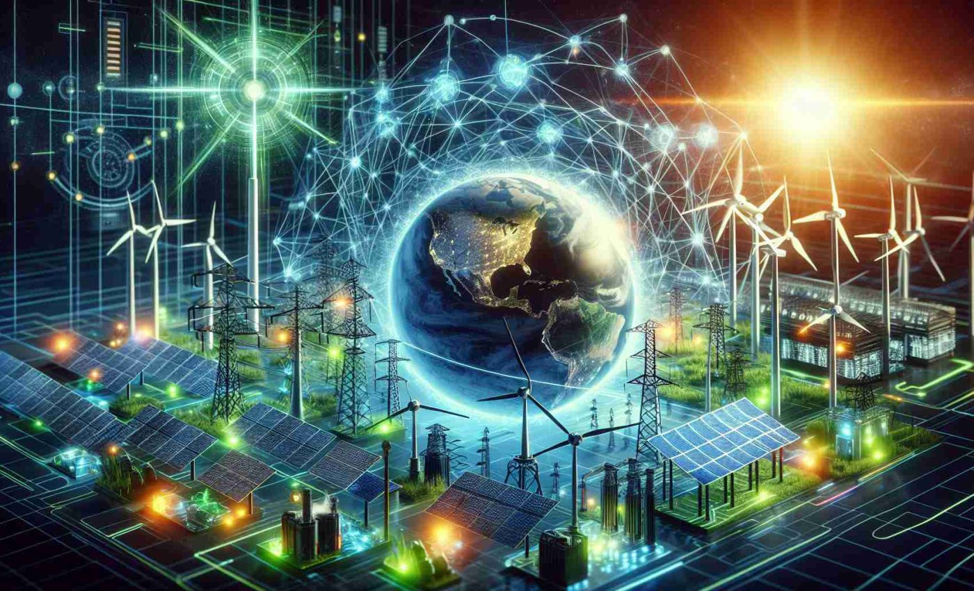 A high-definition, realistic depiction of a concept titled 'Revolutionizing the Power Grid: Innovations for a Sustainable Future'. The scene should include an intricate power grid that represents a network of power lines and stations, emanating with vibrant colors to symbolize energy efficiency. Next to it, innovative sustainable resources such as wind turbines, solar panels, and hydroelectric plants should be visibly arranged. Together they power up a globe representing the Earth which is shining brightly, symbolizing a future of green, renewable energy. The background should appear futuristic with glowing neon accents to denote technological advancements.