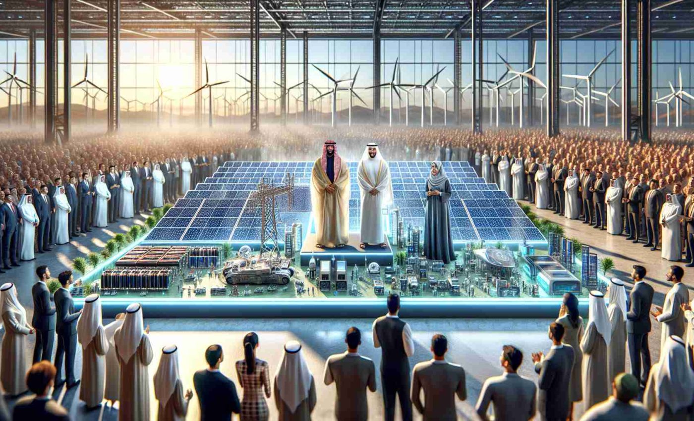 Create a highly detailed, photorealistic image of the unveiling of new energy innovations. The scene should be set in a high tech environment with industries representatives, including a Middle-Eastern woman and a South Asian man, showcasing advanced and efficient energy technologies, such as solar panels, wind turbines, fuel cells, and futuristic batteries. Include a crowd of interested viewers in the background, capturing different descents and genders, all demonstrating their excitement and curiosity.