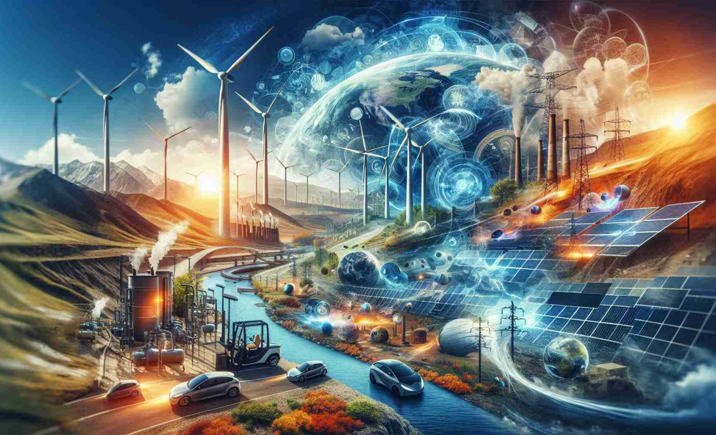 Create a high-definition image that represents the revolutionizing of the energy landscape. This image should depict an international viewpoint, with visible elements from different parts of the world. These elements might include advanced technologies like wind turbines, solar panels, hydroelectric dams and electric cars from various countries, symbolizing the shift to sustainable energy globally. Pair these with elements of nature like the sun, wind, water and earth to highlight the source of these renewable energies and the aim to harmonize our energy procurement with the natural world.