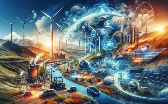 Create a high-definition image that represents the revolutionizing of the energy landscape. This image should depict an international viewpoint, with visible elements from different parts of the world. These elements might include advanced technologies like wind turbines, solar panels, hydroelectric dams and electric cars from various countries, symbolizing the shift to sustainable energy globally. Pair these with elements of nature like the sun, wind, water and earth to highlight the source of these renewable energies and the aim to harmonize our energy procurement with the natural world.