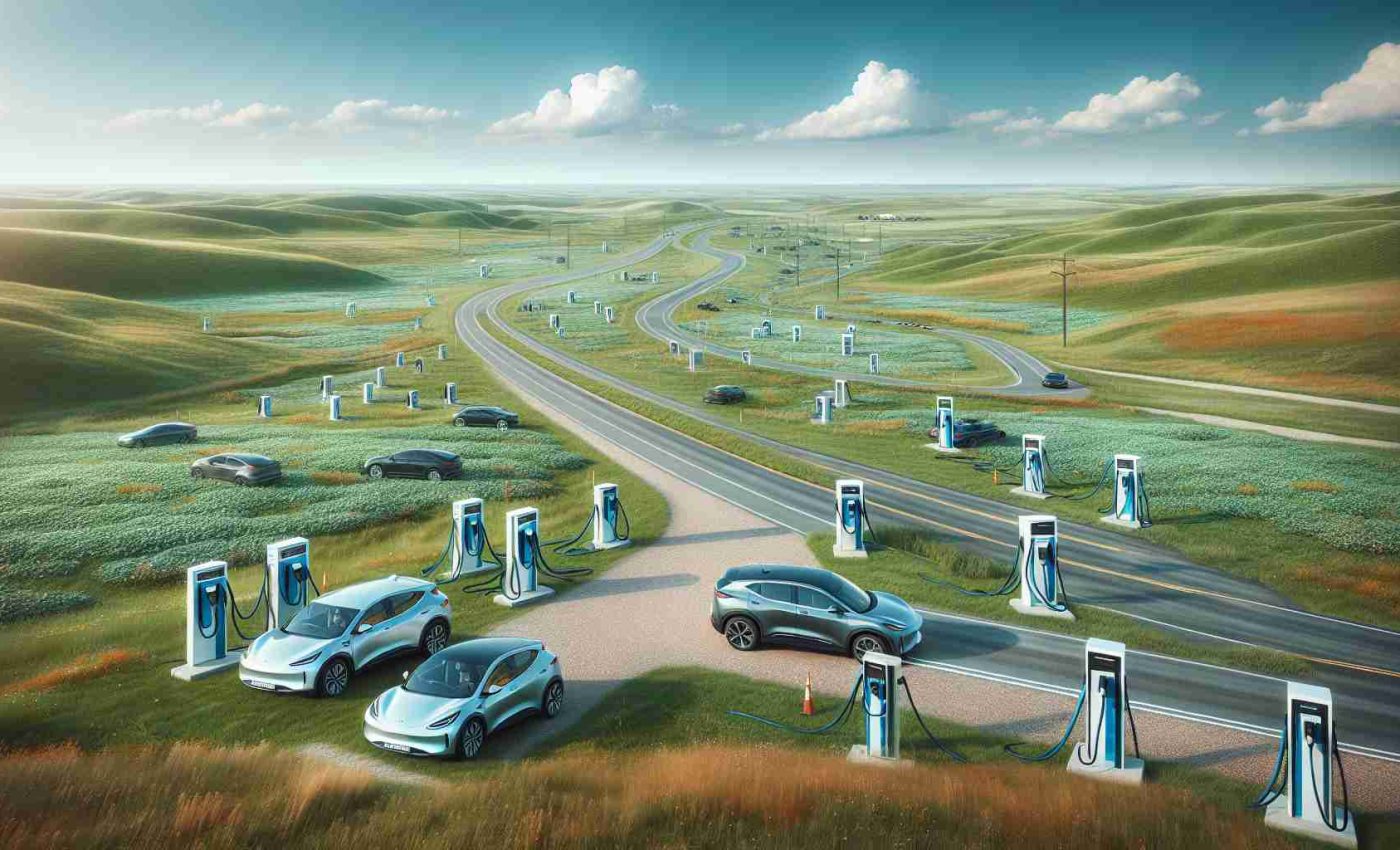 Create a realistically detailed, high-definition image of the growing electric vehicle infrastructure in North Dakota. Picture a clearly mapped out rural landscape featuring modern charging stations scattered across grassy meadows and along well-paved roads. Include blue skies and cotton-soft clouds to represent a bright, eco-friendly future. Show a few electric cars, of various models and colors, parked or in transit on these roads to emphasize the increased use and acceptance of these vehicles in such regions.