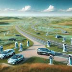 Create a realistically detailed, high-definition image of the growing electric vehicle infrastructure in North Dakota. Picture a clearly mapped out rural landscape featuring modern charging stations scattered across grassy meadows and along well-paved roads. Include blue skies and cotton-soft clouds to represent a bright, eco-friendly future. Show a few electric cars, of various models and colors, parked or in transit on these roads to emphasize the increased use and acceptance of these vehicles in such regions.