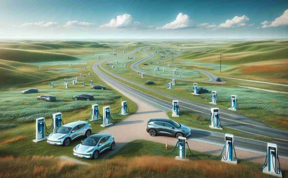 Create a realistically detailed, high-definition image of the growing electric vehicle infrastructure in North Dakota. Picture a clearly mapped out rural landscape featuring modern charging stations scattered across grassy meadows and along well-paved roads. Include blue skies and cotton-soft clouds to represent a bright, eco-friendly future. Show a few electric cars, of various models and colors, parked or in transit on these roads to emphasize the increased use and acceptance of these vehicles in such regions.