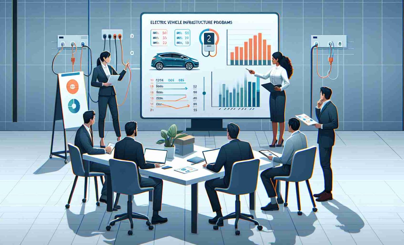 Generate an image depicting a scene where a group of individuals are analyzing data and charts related to electric vehicle infrastructure programs. In this scenario, different aspects of the program are being evaluated, including the number of charging stations, usage statistics, and potential environmental impacts. The setting is a modern workspace with a clean design. Around the table, there stands a Hispanic woman pointing at a bar chart on a large screen, a South Asian man taking notes on his laptop, and a Caucasian man engaged in discussion, holding a report in his hands.