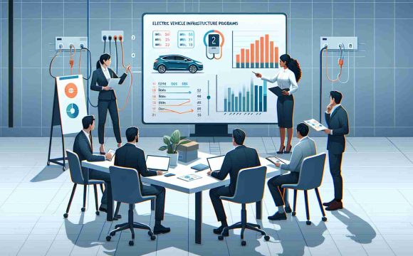 Generate an image depicting a scene where a group of individuals are analyzing data and charts related to electric vehicle infrastructure programs. In this scenario, different aspects of the program are being evaluated, including the number of charging stations, usage statistics, and potential environmental impacts. The setting is a modern workspace with a clean design. Around the table, there stands a Hispanic woman pointing at a bar chart on a large screen, a South Asian man taking notes on his laptop, and a Caucasian man engaged in discussion, holding a report in his hands.