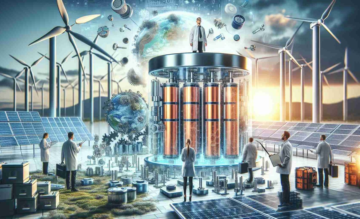 A highly detailed and realistic image representing futuristic energy storage technologies revolutionizing for a sustainable future. This might include advanced batteries, capacitors, or other innovative methods of storing power. The setting should underscore ecological sustainability, perhaps via an array of wind turbines or solar panels in the backdrop. Nearby, one can see scientists from different descents, include a Caucasian woman and a South Asian man, actively working on these developments. The technology itself could be highlighted in a way that suggests it's a major advancement towards a greener, more sustainable world.