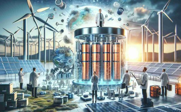 A highly detailed and realistic image representing futuristic energy storage technologies revolutionizing for a sustainable future. This might include advanced batteries, capacitors, or other innovative methods of storing power. The setting should underscore ecological sustainability, perhaps via an array of wind turbines or solar panels in the backdrop. Nearby, one can see scientists from different descents, include a Caucasian woman and a South Asian man, actively working on these developments. The technology itself could be highlighted in a way that suggests it's a major advancement towards a greener, more sustainable world.