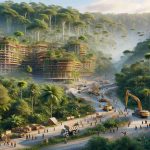 Generate a high-definition, realistic image depicting the progress of construction on an eco-resort in the midst of an equatorial jungle. The scene should include lush, towering trees, vibrant wildlife, and construction equipment carefully working around the natural landscape. Inclusion of workers of various descents such as Hispanic, Caucasian, Black, Middle-Eastern, and South Asian would add to the scene's realism. The architecture of the resort should blend seamlessly with the surrounding environment, incorporating elements of sustainable design and green building practices.