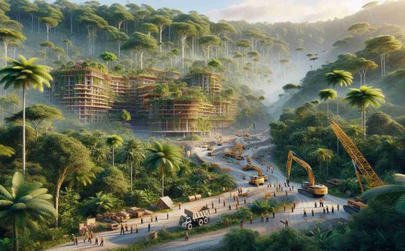 Generate a high-definition, realistic image depicting the progress of construction on an eco-resort in the midst of an equatorial jungle. The scene should include lush, towering trees, vibrant wildlife, and construction equipment carefully working around the natural landscape. Inclusion of workers of various descents such as Hispanic, Caucasian, Black, Middle-Eastern, and South Asian would add to the scene's realism. The architecture of the resort should blend seamlessly with the surrounding environment, incorporating elements of sustainable design and green building practices.