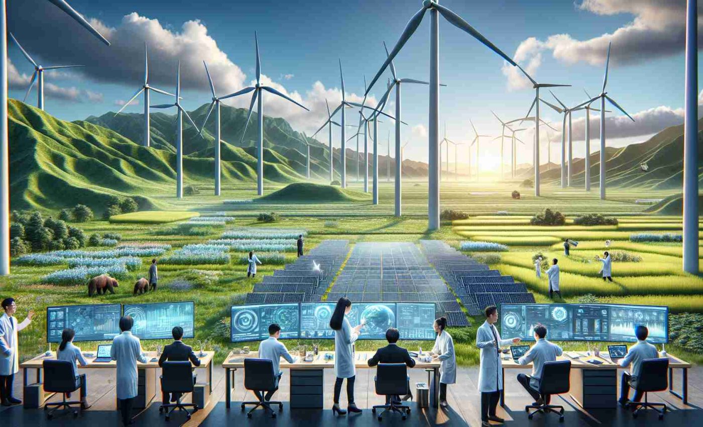 A hyper-realistic, high-definition image of a scenario representing China leading the path in green energy innovation. The scene features large, modern wind turbines towering over lush, verdant fields. Solar panels gleam under the clear blue sky while researchers from diverse ethnic backgrounds, including a Black male, a Hispanic female, a Middle-Eastern male, and a South Asian female, work harmoniously at a futuristic, sustainable energy lab nearby. Show digital screens displaying complex data and innovative technologies around them. The Chinese landscape's striking juxtaposition with high-tech equipment serves as a symbol of China's commitment to eco-friendly energy solutions.