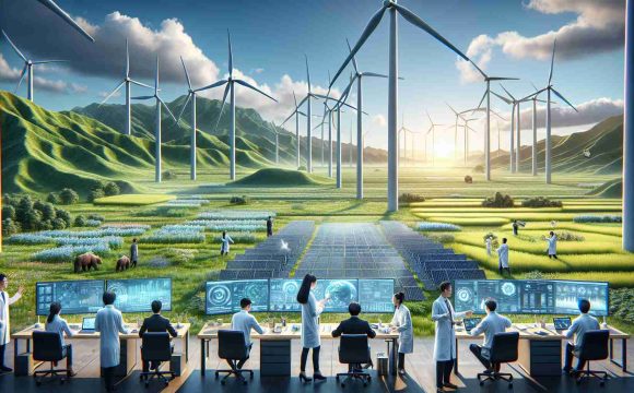 A hyper-realistic, high-definition image of a scenario representing China leading the path in green energy innovation. The scene features large, modern wind turbines towering over lush, verdant fields. Solar panels gleam under the clear blue sky while researchers from diverse ethnic backgrounds, including a Black male, a Hispanic female, a Middle-Eastern male, and a South Asian female, work harmoniously at a futuristic, sustainable energy lab nearby. Show digital screens displaying complex data and innovative technologies around them. The Chinese landscape's striking juxtaposition with high-tech equipment serves as a symbol of China's commitment to eco-friendly energy solutions.