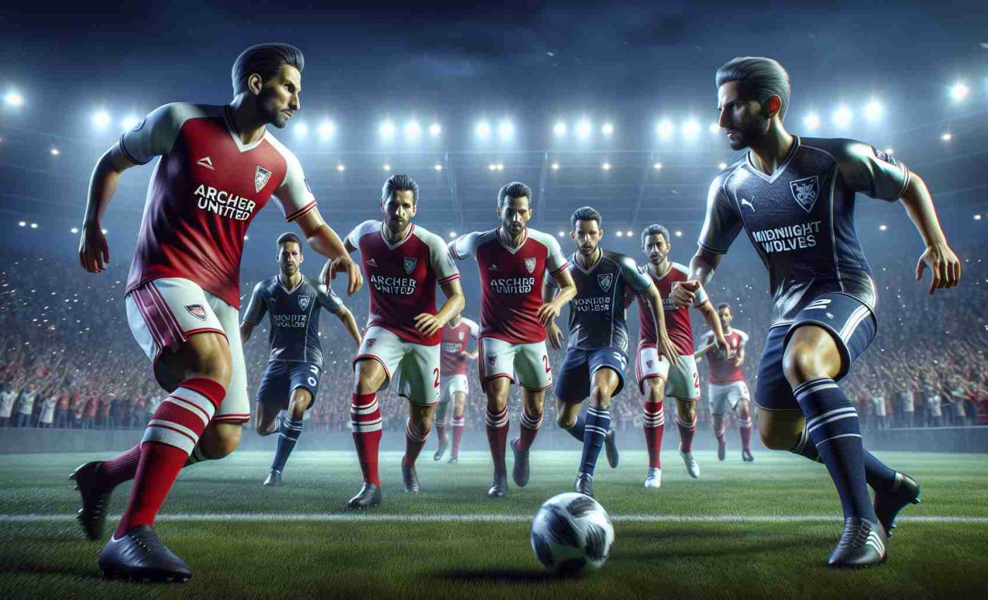 Realistic high-definition image depicting an intense face-off between two fictional soccer teams: the 'Archer United', wearing vibrant red and white uniforms, and the 'Midnight Wolves', donned in dark blue and silver gear. The teams are in the middle of the game, players from each team are fiercely vying for the ball. The scene takes place under the night sky illuminated by the stadium lights. The packed crowd in the background enhances the thrilling atmosphere.