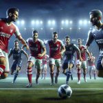 Realistic high-definition image depicting an intense face-off between two fictional soccer teams: the 'Archer United', wearing vibrant red and white uniforms, and the 'Midnight Wolves', donned in dark blue and silver gear. The teams are in the middle of the game, players from each team are fiercely vying for the ball. The scene takes place under the night sky illuminated by the stadium lights. The packed crowd in the background enhances the thrilling atmosphere.