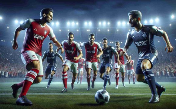 Realistic high-definition image depicting an intense face-off between two fictional soccer teams: the 'Archer United', wearing vibrant red and white uniforms, and the 'Midnight Wolves', donned in dark blue and silver gear. The teams are in the middle of the game, players from each team are fiercely vying for the ball. The scene takes place under the night sky illuminated by the stadium lights. The packed crowd in the background enhances the thrilling atmosphere.