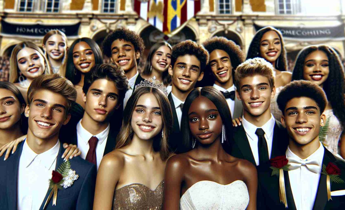 Realistic HD photo of the enchanting homecoming court of a high school in Lisbon. The group includes both male and female students, representing diverse descents such as Caucasian, Hispanic, Black, Middle-Eastern, and South Asian. All are dressing up in formal wear, exhibiting a perfect blend of elegance and youthful spirit. Their dazzling smiles and sparkling eyes express the pride of being a part of this memorable event. The backdrop is adorned with banners and decorations, adding to the festivities of the homecoming court.