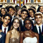 Realistic HD photo of the enchanting homecoming court of a high school in Lisbon. The group includes both male and female students, representing diverse descents such as Caucasian, Hispanic, Black, Middle-Eastern, and South Asian. All are dressing up in formal wear, exhibiting a perfect blend of elegance and youthful spirit. Their dazzling smiles and sparkling eyes express the pride of being a part of this memorable event. The backdrop is adorned with banners and decorations, adding to the festivities of the homecoming court.