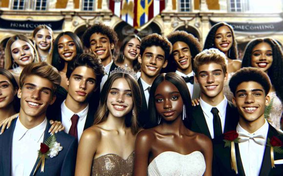 Realistic HD photo of the enchanting homecoming court of a high school in Lisbon. The group includes both male and female students, representing diverse descents such as Caucasian, Hispanic, Black, Middle-Eastern, and South Asian. All are dressing up in formal wear, exhibiting a perfect blend of elegance and youthful spirit. Their dazzling smiles and sparkling eyes express the pride of being a part of this memorable event. The backdrop is adorned with banners and decorations, adding to the festivities of the homecoming court.