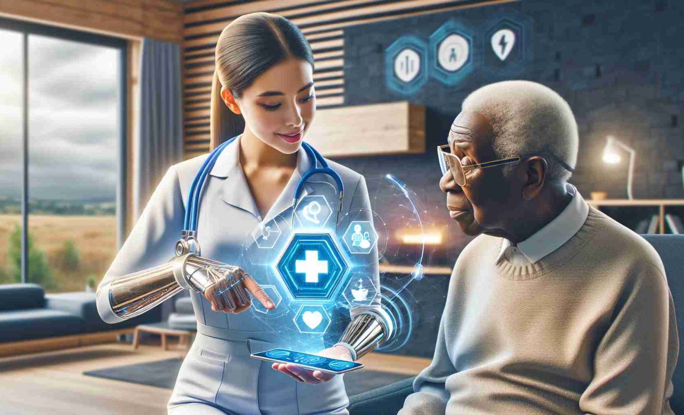 Picture a concept of revolutionizing home healthcare services with advanced technologies such as AI, wearable devices, personalized apps and telemedicine. Envisage a high-definition, realistic image where a white female healthcare worker is assisting a black elderly man using a sleek modern device, perhaps like an AI-powered wearable or a tablet with health care apps. In the background, perhaps show an environment signifying a warm, comfortable home. This scenario represents a service by a hypothetical company named 'Glooma'.