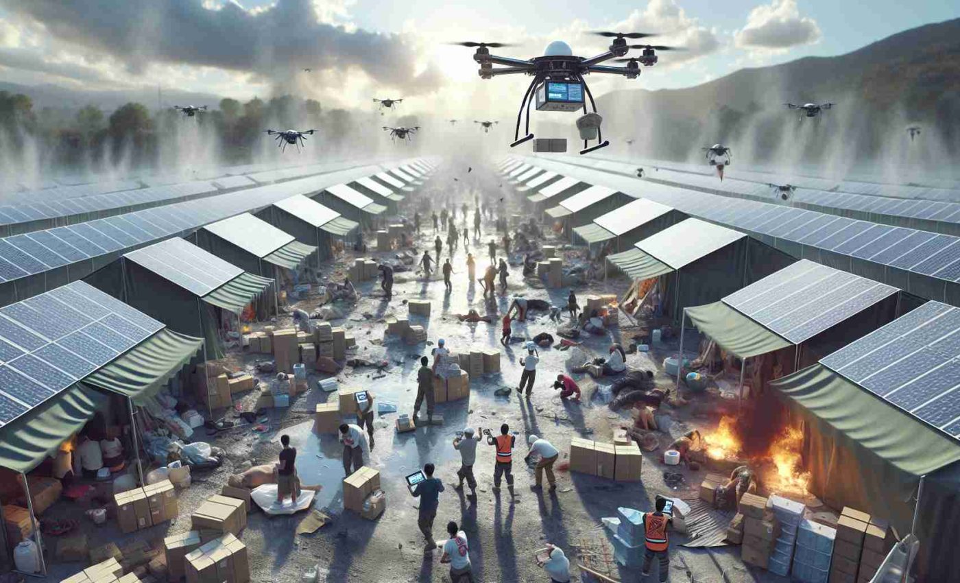 Generate a high-definition, realistic image representing the modernization of disaster relief efforts using sustainable technology. This might involve an array of solar panels powering emergency relief tents in a disaster-stricken area. A drone may be flying overhead, dropping aid packages to individuals below. Workers could be seen on the ground, using handheld devices to coordinate efforts. Amid the chaos, it is clear that the underlying operations are being managed efficiently and sustainably, with minimal environmental impact.