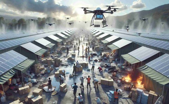 Generate a high-definition, realistic image representing the modernization of disaster relief efforts using sustainable technology. This might involve an array of solar panels powering emergency relief tents in a disaster-stricken area. A drone may be flying overhead, dropping aid packages to individuals below. Workers could be seen on the ground, using handheld devices to coordinate efforts. Amid the chaos, it is clear that the underlying operations are being managed efficiently and sustainably, with minimal environmental impact.