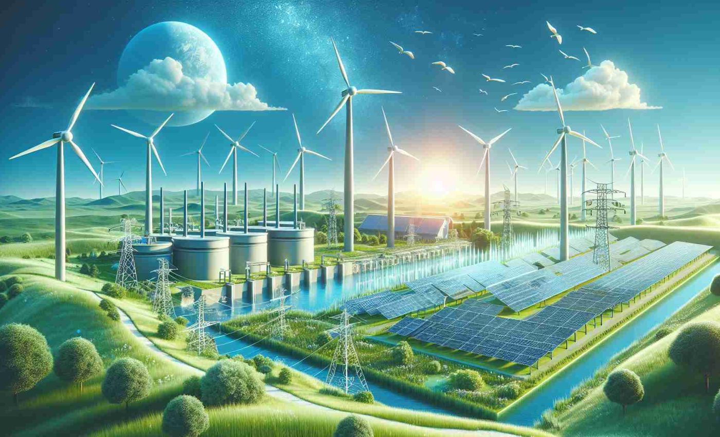 Depict a highly detailed image of a scene titled 'Breaking the Mold: Advancements in Sustainable Energy Infrastructure'. This should include innovative structures like sleek wind turbines, photovoltaic solar panels glittering under the sunlight, and advanced hydroelectric power stations. Incorporate greenery to signify sustainability, possibly involving trees, grass, and birds. A bright blue sky in the background will symbolize a clean, pollution-free future.