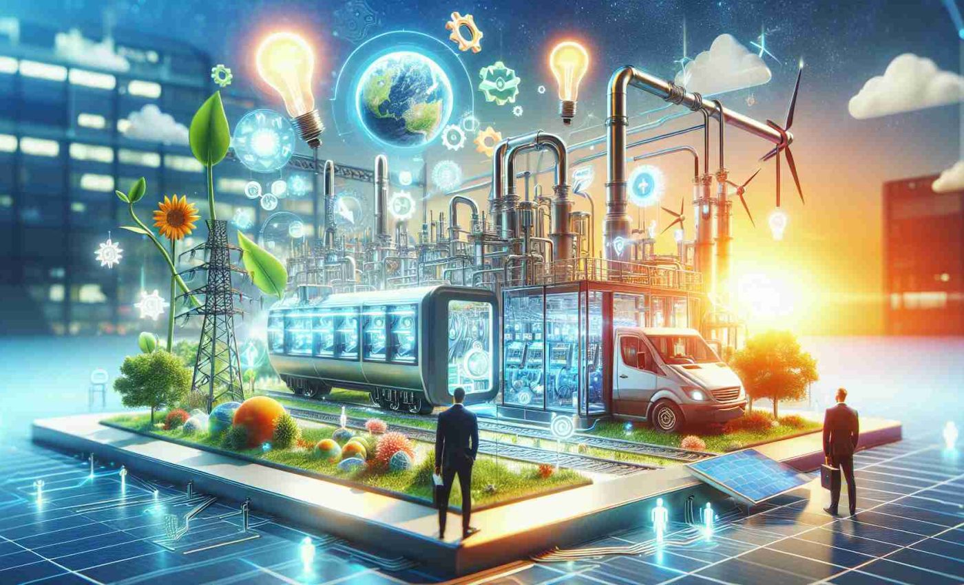 High quality image of an innovative energy solution scenario where a generic company partners with an electric solutions firm, visualizing the collaboration in a vibrant and realistic setting. The scene can be showcasing advanced technologies, sustainable machinery, and various elements that symbolize modern energy solutions. The mood of the picture radiates inspiration and a forward-thinking mindset.