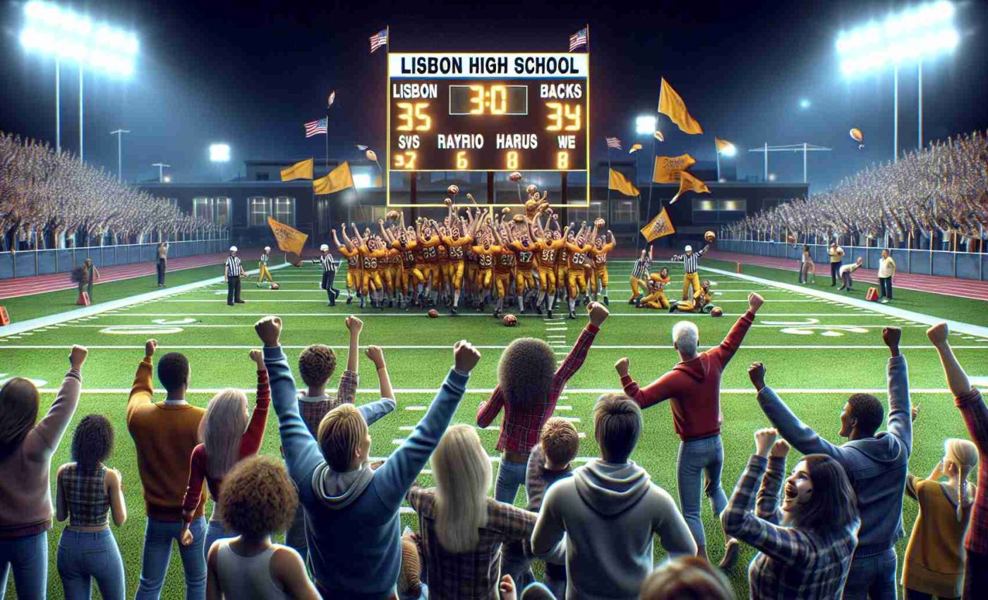 Create a realistic, high-definition image depicting a lively, celebratory scene following a triumphant homecoming victory for Lisbon High School. It's night time, the football field is illuminated with bright lights. Involve enthusiastic students, teachers and parents from various descents including, Caucasian, Hispanic, Asian and Black. People are cheering, waving banners, and celebrating the win. The scoreboard in the background shows Lisbon High School as the winner.