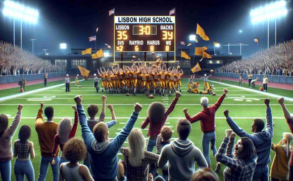 Create a realistic, high-definition image depicting a lively, celebratory scene following a triumphant homecoming victory for Lisbon High School. It's night time, the football field is illuminated with bright lights. Involve enthusiastic students, teachers and parents from various descents including, Caucasian, Hispanic, Asian and Black. People are cheering, waving banners, and celebrating the win. The scoreboard in the background shows Lisbon High School as the winner.