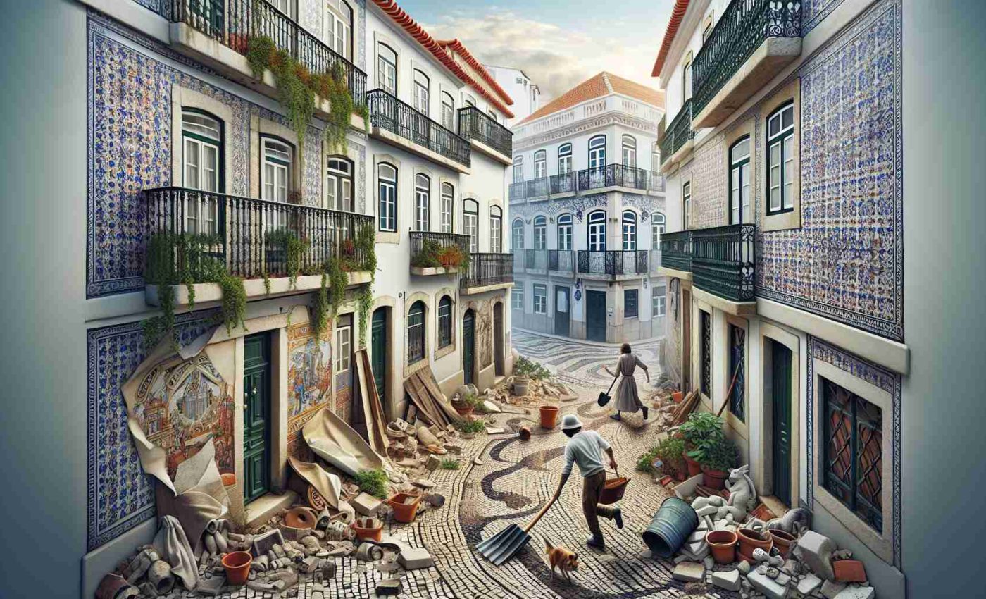 Create a highly-detailed and realistic high-definition image of a surprising scene unfolding in a typical Lisbon neighborhood. Perhaps someone has found an ancient artifact while gardening, or a hidden mural has been uncovered during renovation. The white-washed buildings with red-tile roofs, narrow cobblestone streets, decorative ceramic azulejo tiles, and cast iron balconies common to Lisbon provide an enchanting backdrop that adds to the unexpected discovery.