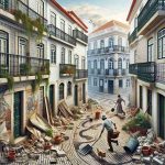 Create a highly-detailed and realistic high-definition image of a surprising scene unfolding in a typical Lisbon neighborhood. Perhaps someone has found an ancient artifact while gardening, or a hidden mural has been uncovered during renovation. The white-washed buildings with red-tile roofs, narrow cobblestone streets, decorative ceramic azulejo tiles, and cast iron balconies common to Lisbon provide an enchanting backdrop that adds to the unexpected discovery.