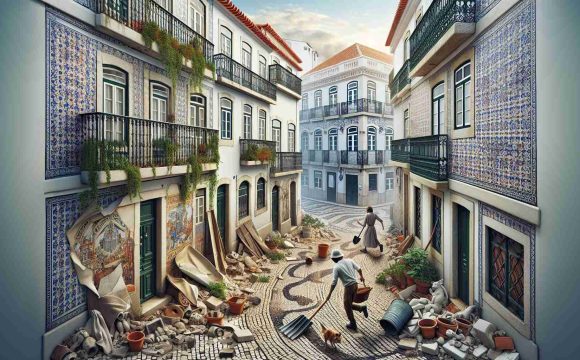 Create a highly-detailed and realistic high-definition image of a surprising scene unfolding in a typical Lisbon neighborhood. Perhaps someone has found an ancient artifact while gardening, or a hidden mural has been uncovered during renovation. The white-washed buildings with red-tile roofs, narrow cobblestone streets, decorative ceramic azulejo tiles, and cast iron balconies common to Lisbon provide an enchanting backdrop that adds to the unexpected discovery.