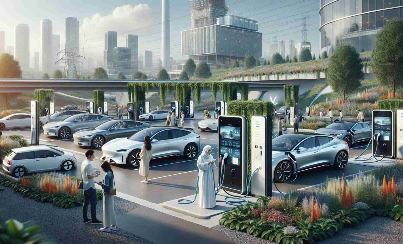 A high-definition, realistic visual depiction of a modern scene where electric vehicle charging stations are transforming the way we travel. Picture a bustling cityscape with greenery where a diverse crowd of people, including a Middle-Eastern female and a Caucasian male, are utilizing these charging stations. Their electric cars range from compact models to luxury sedans and are connected to state-of-the-art charging units. Digital screens on the stations display detailed info about charge levels and rates. Such a scene depicts progress, eco-friendliness, and the fusion of advanced technology with everyday life.