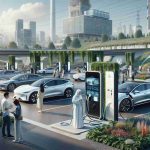 A high-definition, realistic visual depiction of a modern scene where electric vehicle charging stations are transforming the way we travel. Picture a bustling cityscape with greenery where a diverse crowd of people, including a Middle-Eastern female and a Caucasian male, are utilizing these charging stations. Their electric cars range from compact models to luxury sedans and are connected to state-of-the-art charging units. Digital screens on the stations display detailed info about charge levels and rates. Such a scene depicts progress, eco-friendliness, and the fusion of advanced technology with everyday life.