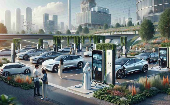 A high-definition, realistic visual depiction of a modern scene where electric vehicle charging stations are transforming the way we travel. Picture a bustling cityscape with greenery where a diverse crowd of people, including a Middle-Eastern female and a Caucasian male, are utilizing these charging stations. Their electric cars range from compact models to luxury sedans and are connected to state-of-the-art charging units. Digital screens on the stations display detailed info about charge levels and rates. Such a scene depicts progress, eco-friendliness, and the fusion of advanced technology with everyday life.