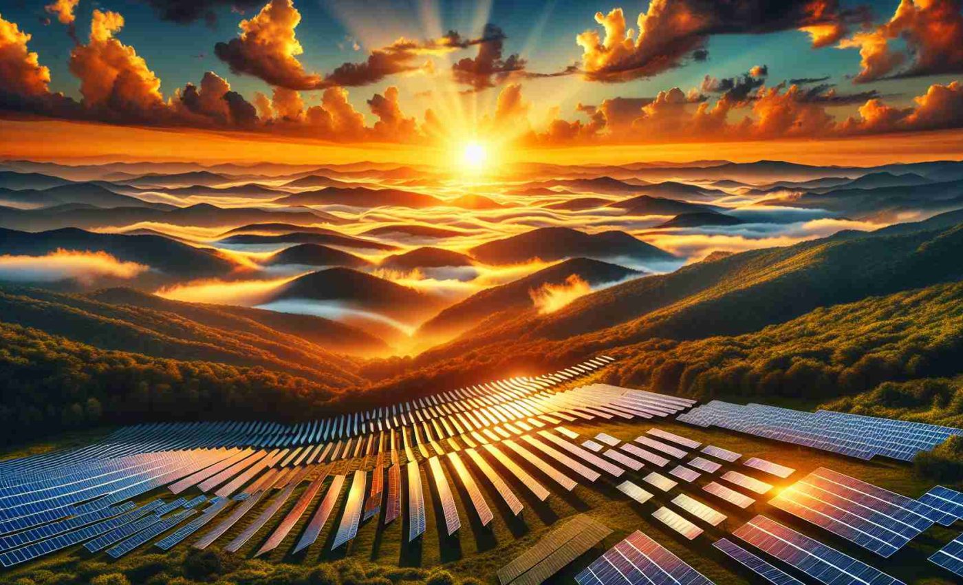 A vivid and hyperrealistic image depicting the significant solar expansion taking place in West Virginia. The scene unveils a vast array of bright and shining solar panels that sprawl over the rolling Appalachian mountains. This vast field of panels embraces sunlight, converting it to clean energy. In the background, sunrise is casting a vibrant orange hue, and a set of fluffy white clouds enhance the beauty of the clear blue sky. The visual elements personify a brighter, cleaner future hinged on renewable energy sources.