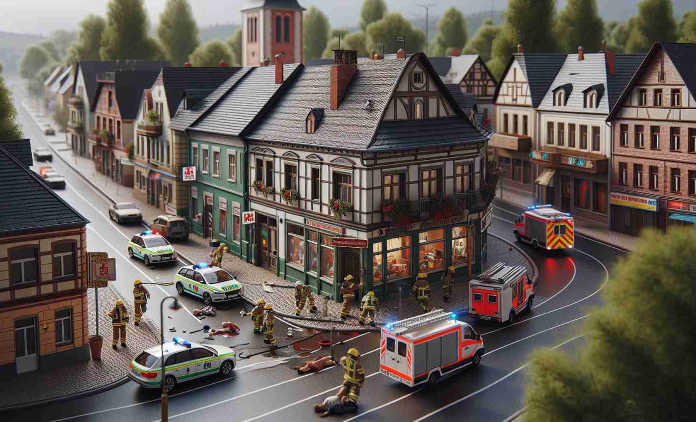 Realistic HD photo of a small-town scene where emergency services are responding to an unfortunate incident involving a pedestrian.