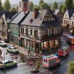 Realistic HD photo of a small-town scene where emergency services are responding to an unfortunate incident involving a pedestrian.