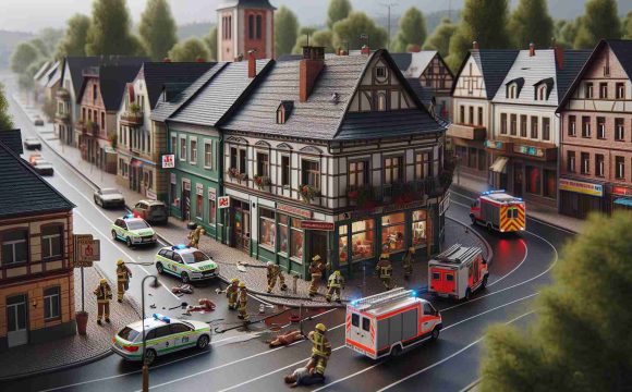 Realistic HD photo of a small-town scene where emergency services are responding to an unfortunate incident involving a pedestrian.