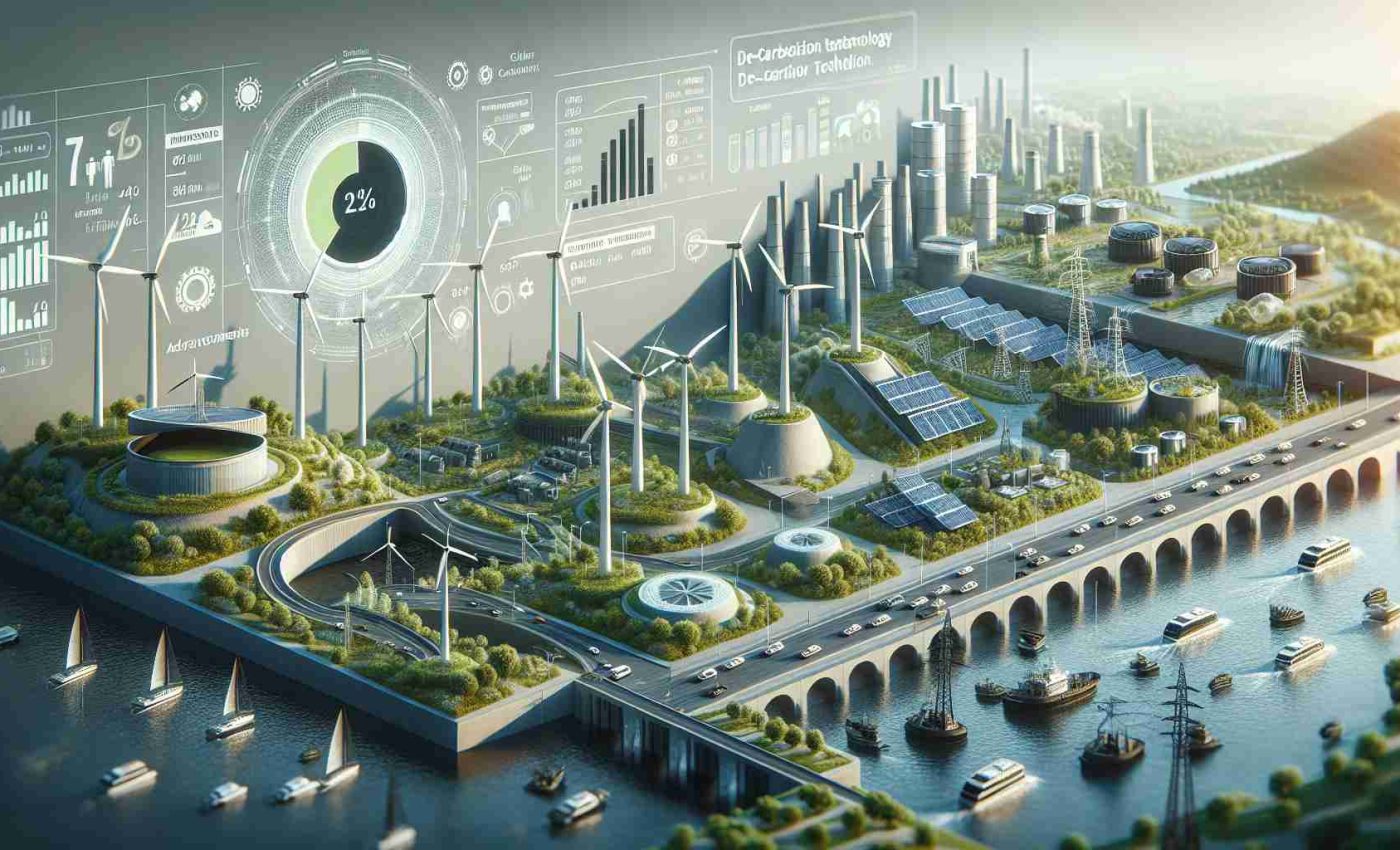 Realistic high-definition image featuring an abstract representation of the emerging trends in sustainable energy policies. The scene may depict a variety of energy-generating structures like wind turbines, solar panels, and hydroelectric dams juxtaposed with cleaner, greener urban environments suggesting carbon-neutral cities. Include charts and infographics illustrating advancements and adoption rates in renewable energy technologies. Also, add some elements to symbolically highlight energy efficiency, battery technology, and de-carbonizating transportation.