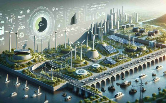 Realistic high-definition image featuring an abstract representation of the emerging trends in sustainable energy policies. The scene may depict a variety of energy-generating structures like wind turbines, solar panels, and hydroelectric dams juxtaposed with cleaner, greener urban environments suggesting carbon-neutral cities. Include charts and infographics illustrating advancements and adoption rates in renewable energy technologies. Also, add some elements to symbolically highlight energy efficiency, battery technology, and de-carbonizating transportation.