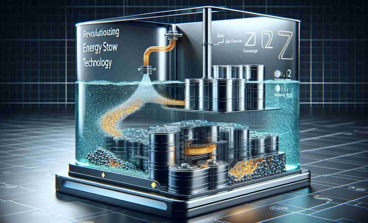 A high-definition, realistic image showcasing the concept of revolutionizing energy storage using Zinc flow technology. The image should depict a sleek, modern device showcasing the said energy storage technology. Envision zinc ions flowing through a system that is designed to store and release excess energy efficiently. The design should incorporate elements like energy flow paths, containers for zinc and energy output channels. The concept is for a green technology revolution, so the device should appear eco-friendly and futuristic. No humans or animals should be present in the image.