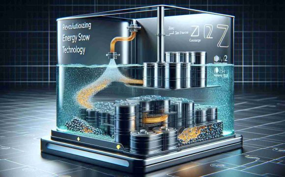 A high-definition, realistic image showcasing the concept of revolutionizing energy storage using Zinc flow technology. The image should depict a sleek, modern device showcasing the said energy storage technology. Envision zinc ions flowing through a system that is designed to store and release excess energy efficiently. The design should incorporate elements like energy flow paths, containers for zinc and energy output channels. The concept is for a green technology revolution, so the device should appear eco-friendly and futuristic. No humans or animals should be present in the image.