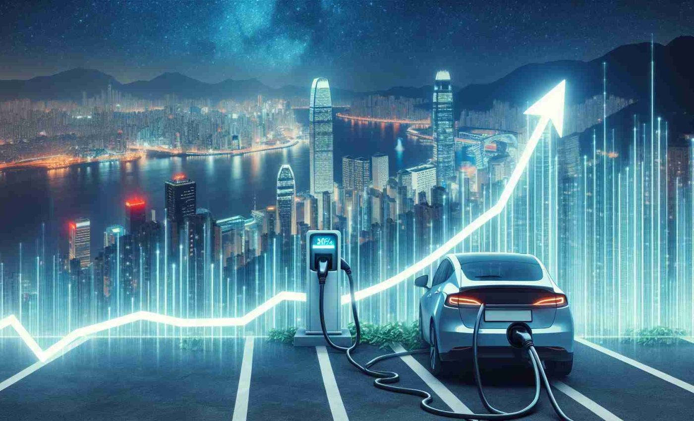 High definition image showing the exponential rise of EV charger sales by Wallbox, portrayed through a graph or chart displaying a steep upward trend. The background could be a bustling cityscape to symbolize technological advancement and urban growth.