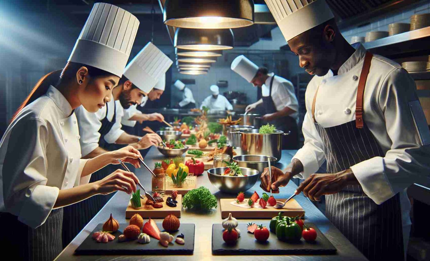 Create an image showing a high-definition scene in a professional kitchen. There are two chefs, one East Asian female and one black male, both in their chef whites engaged in food preparation. Intricate dishes are being constructed on stainless steel worktops. Various gourmet ingredients are visibly fresh and ripe. There is perfect lighting that enhances the vibrant colors of the food and the bustling, fast-paced atmosphere communicates the sense of magic in culinary excellence.