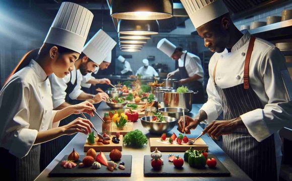 Create an image showing a high-definition scene in a professional kitchen. There are two chefs, one East Asian female and one black male, both in their chef whites engaged in food preparation. Intricate dishes are being constructed on stainless steel worktops. Various gourmet ingredients are visibly fresh and ripe. There is perfect lighting that enhances the vibrant colors of the food and the bustling, fast-paced atmosphere communicates the sense of magic in culinary excellence.