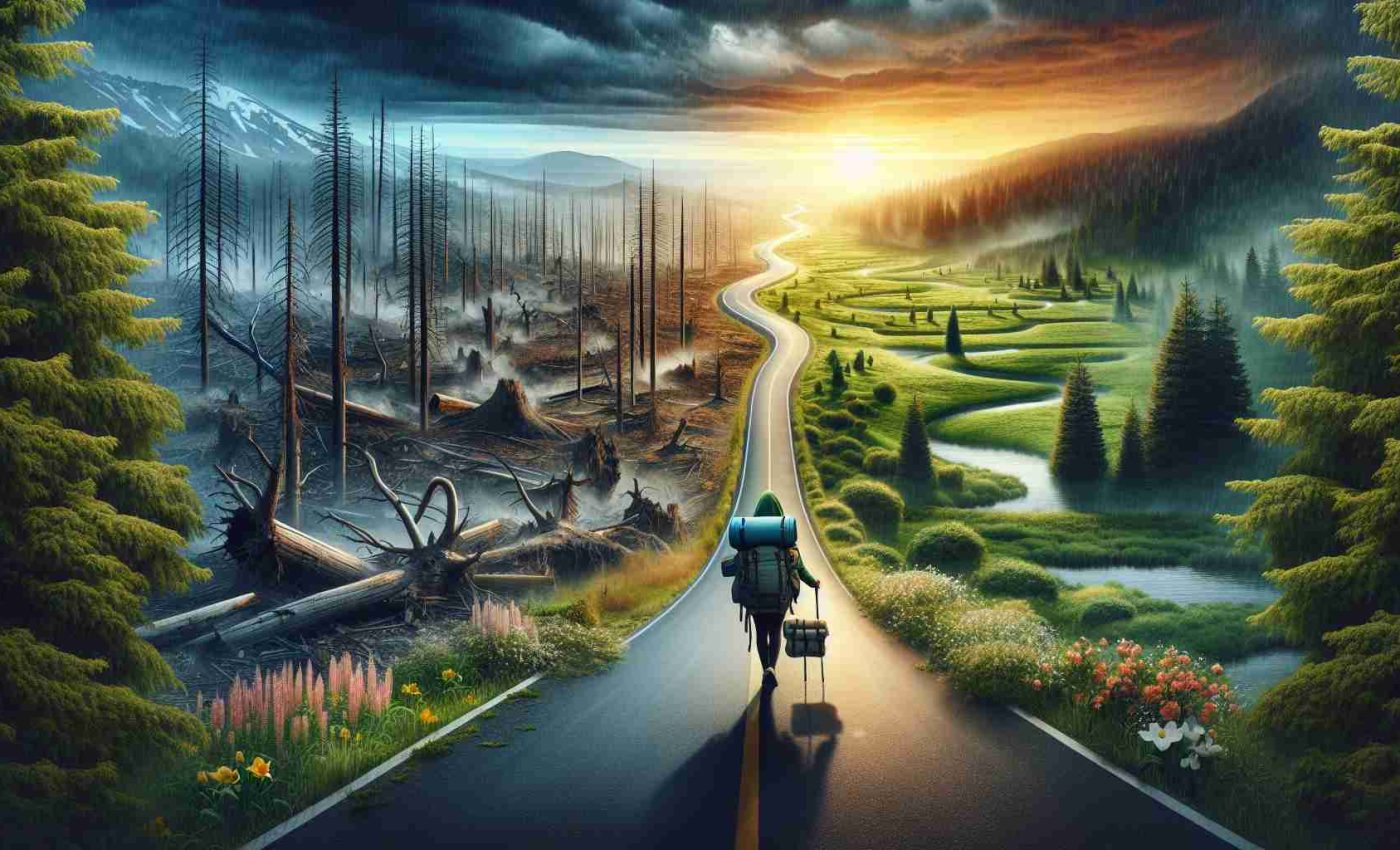 High definition, photorealistic image illustrating the concept of 'A Journey of Resilience and Renewal'. The image should depict a winding road that disappears into the distance, symbolizing a long journey. It passes through varying landscapes: devastated forests representing adversities and challenges, blooming meadows symbolizing resilience, and a sunrise on the horizon indicating renewal. Weather elements such as rain and sunlight distinctly highlight each area. In the foreground, a lone traveler, an East Asian female, is seen carrying a heavy backpack, epitomizing the burden of hardships and the determination to overcome them.