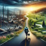 High definition, photorealistic image illustrating the concept of 'A Journey of Resilience and Renewal'. The image should depict a winding road that disappears into the distance, symbolizing a long journey. It passes through varying landscapes: devastated forests representing adversities and challenges, blooming meadows symbolizing resilience, and a sunrise on the horizon indicating renewal. Weather elements such as rain and sunlight distinctly highlight each area. In the foreground, a lone traveler, an East Asian female, is seen carrying a heavy backpack, epitomizing the burden of hardships and the determination to overcome them.