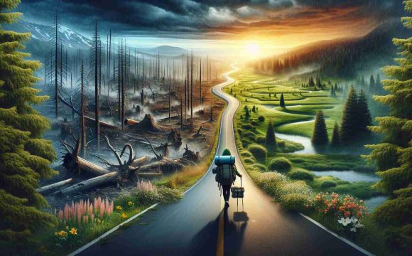 High definition, photorealistic image illustrating the concept of 'A Journey of Resilience and Renewal'. The image should depict a winding road that disappears into the distance, symbolizing a long journey. It passes through varying landscapes: devastated forests representing adversities and challenges, blooming meadows symbolizing resilience, and a sunrise on the horizon indicating renewal. Weather elements such as rain and sunlight distinctly highlight each area. In the foreground, a lone traveler, an East Asian female, is seen carrying a heavy backpack, epitomizing the burden of hardships and the determination to overcome them.