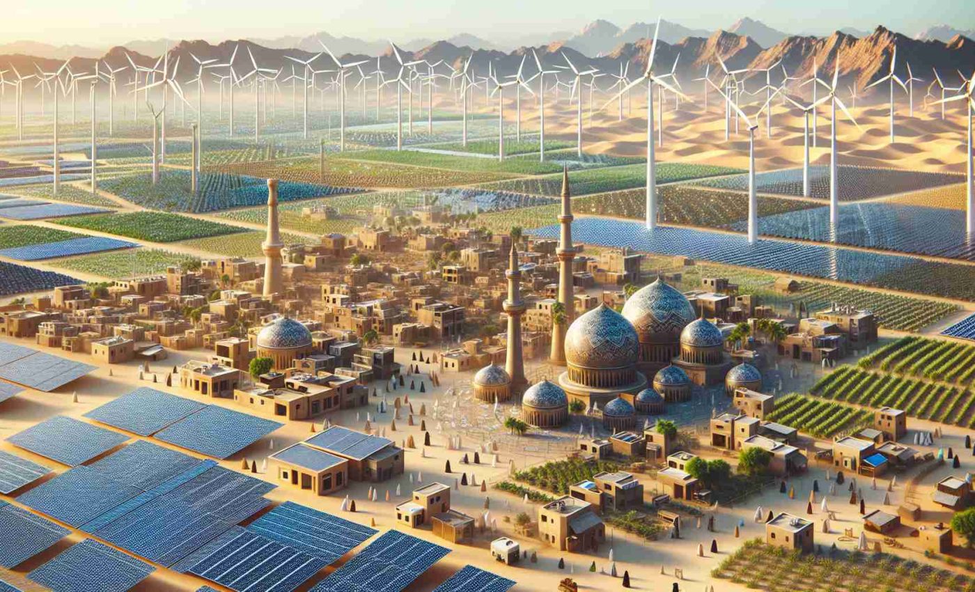 High-definition realistic image depicting the embrace of renewable energy in emerging markets. This should showcase solar panels and wind turbines lining the open fields, large scale batteries storing electricity, and residents utilizing power efficiently in their homes. Include unique representations from various regions like the Middle-Eastern desert, South Asian farmlands, and bustling cities in Hispanic regions, all evidencing the transition to green energy. The image should also denote local populations of different genders using and benefiting from these sources of energy in their daily life.