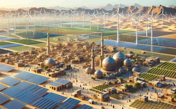 High-definition realistic image depicting the embrace of renewable energy in emerging markets. This should showcase solar panels and wind turbines lining the open fields, large scale batteries storing electricity, and residents utilizing power efficiently in their homes. Include unique representations from various regions like the Middle-Eastern desert, South Asian farmlands, and bustling cities in Hispanic regions, all evidencing the transition to green energy. The image should also denote local populations of different genders using and benefiting from these sources of energy in their daily life.